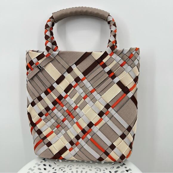 Salvatore Ferragamo woven plaid fabric leather grosgrain ribbon tote handbag - Picture 2 of 16